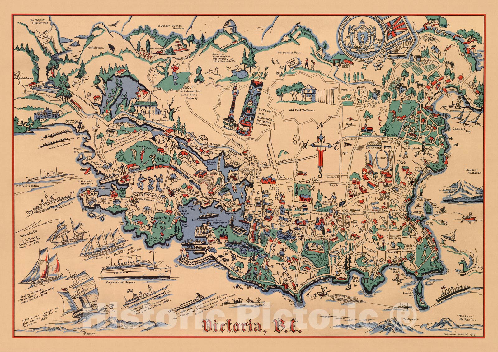 Historic Map : British Columbia, Victoria, B.C. 1939 , Vintage Wall Art