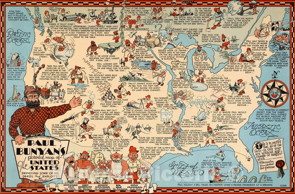 Historic Map - Paul Bunyan's pictorial map of the United States, 1935, - Vintage Wall Art