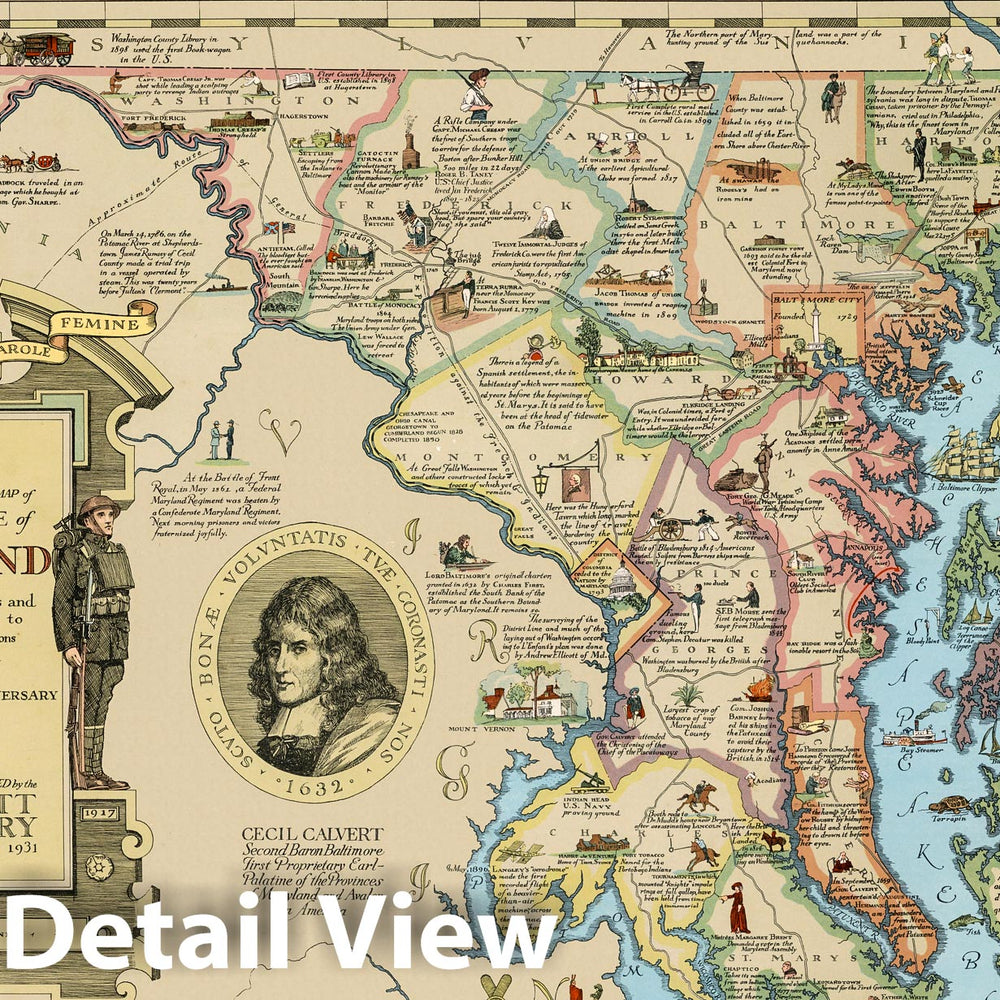 Historic Map : An historical and literary map of the Old Line State of Maryland, 1931 - Vintage Wall Art