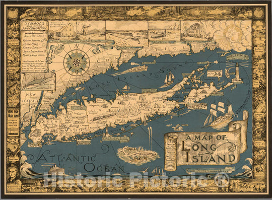 Historic Map - A Map of Long Island. Drawn by Courtland Smith from data compiled by Richard Foster, 1933, - Vintage Wall Art