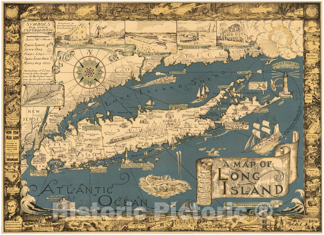 Historic Map - A Map of Long Island. Drawn by Courtland Smith from data compiled by Richard Foster, 1933, - Vintage Wall Art