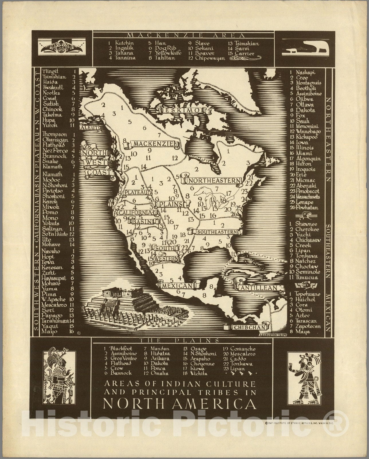 Historic Map : Areas of Indian Culture and Principal Tribes in North America. 1947 - Vintage Wall Art