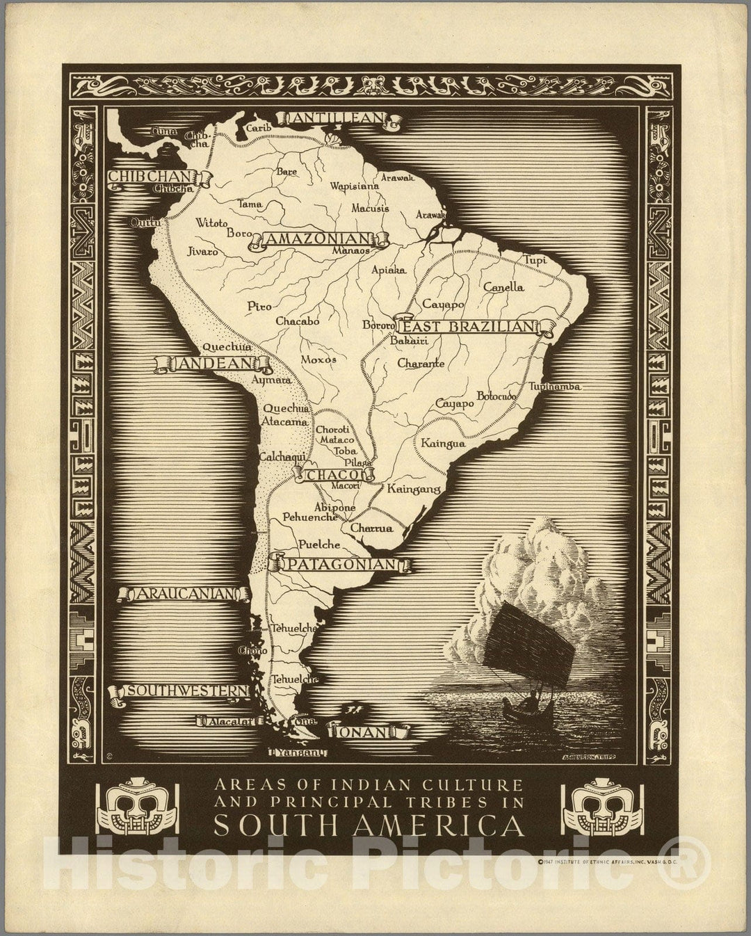 Historic Map : Areas of Indian Culture and Principal Tribes in South America. 1947 - Vintage Wall Art