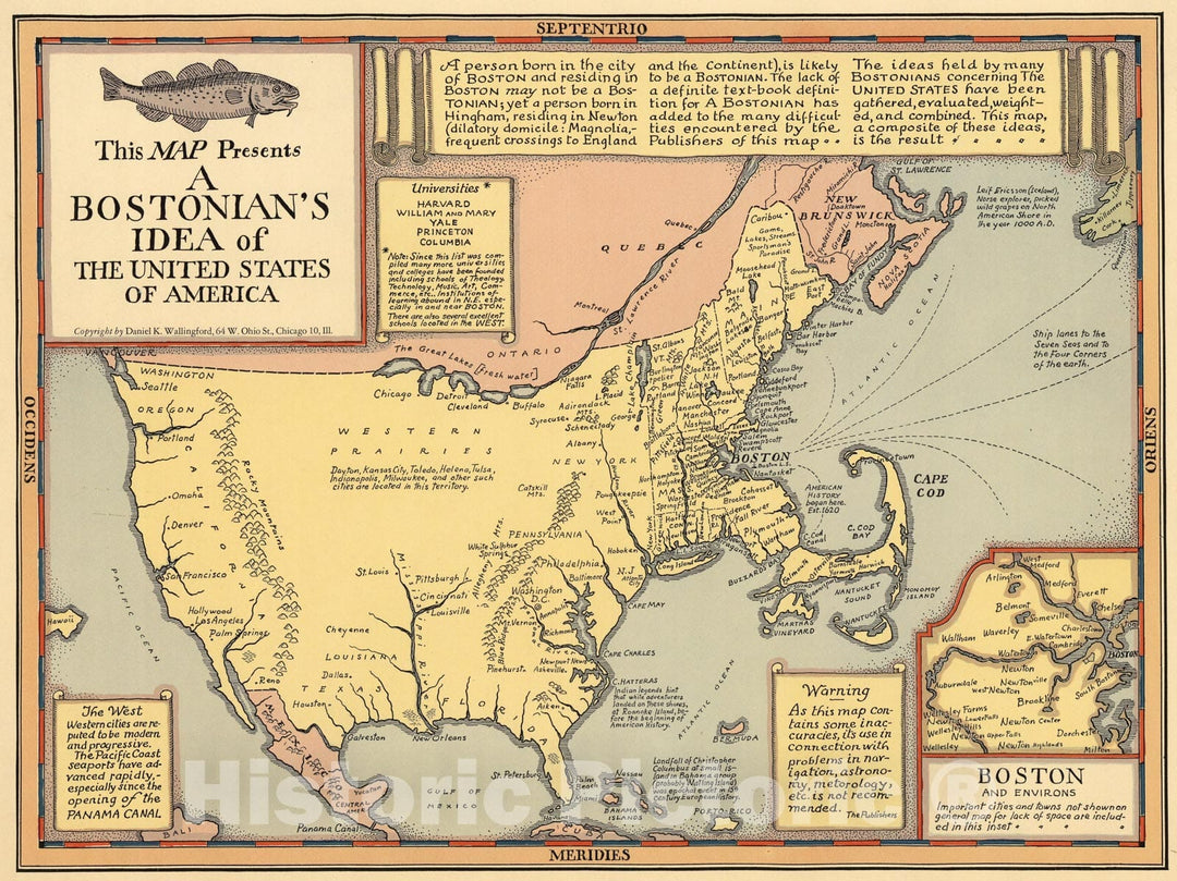 Historic Map - This map presents a Bostonian's idea of the United States of America, 1930, - Vintage Wall Art