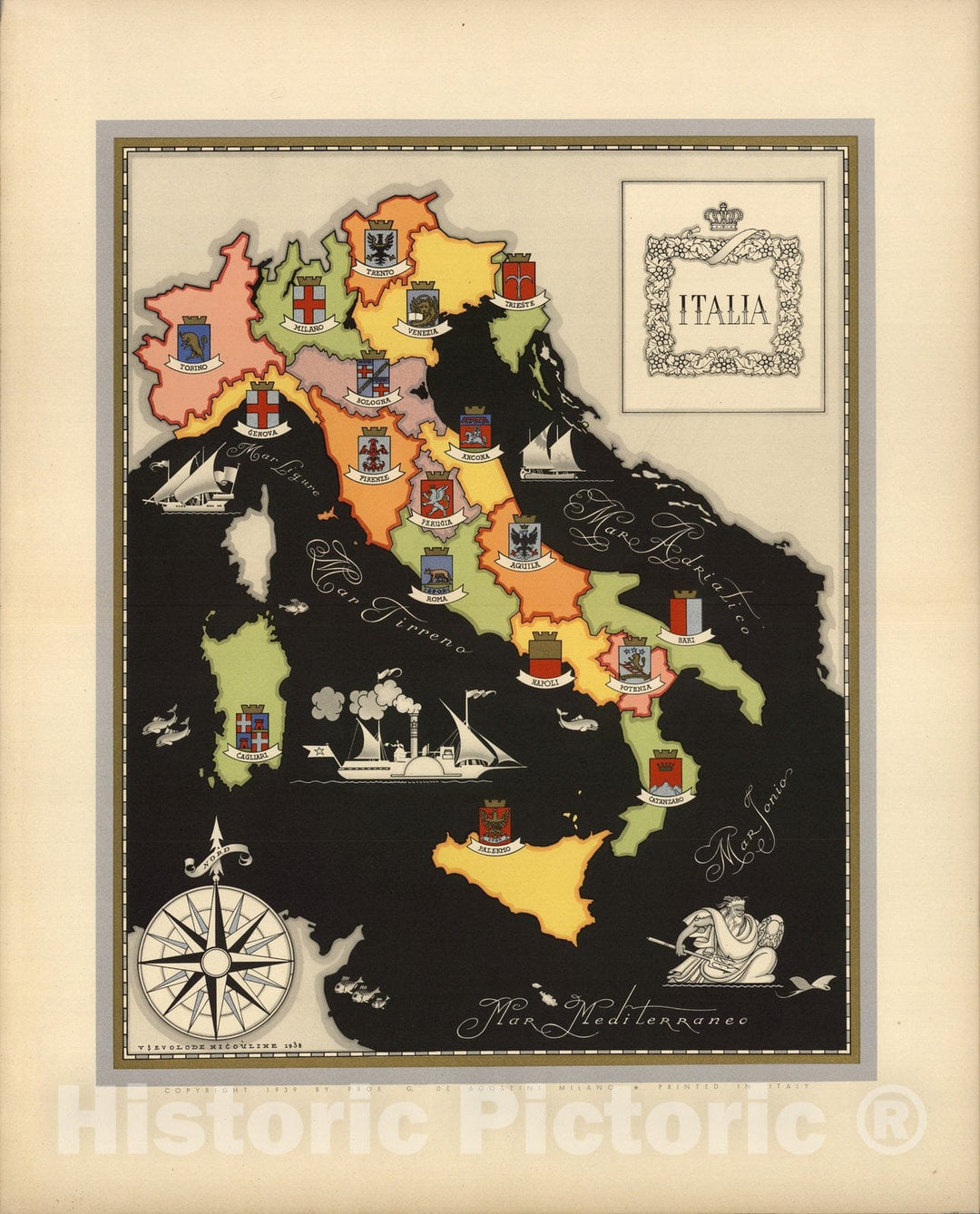 Historic Map : Italy, Guide Book, Italia. 1938 v2 , Vintage Wall Art