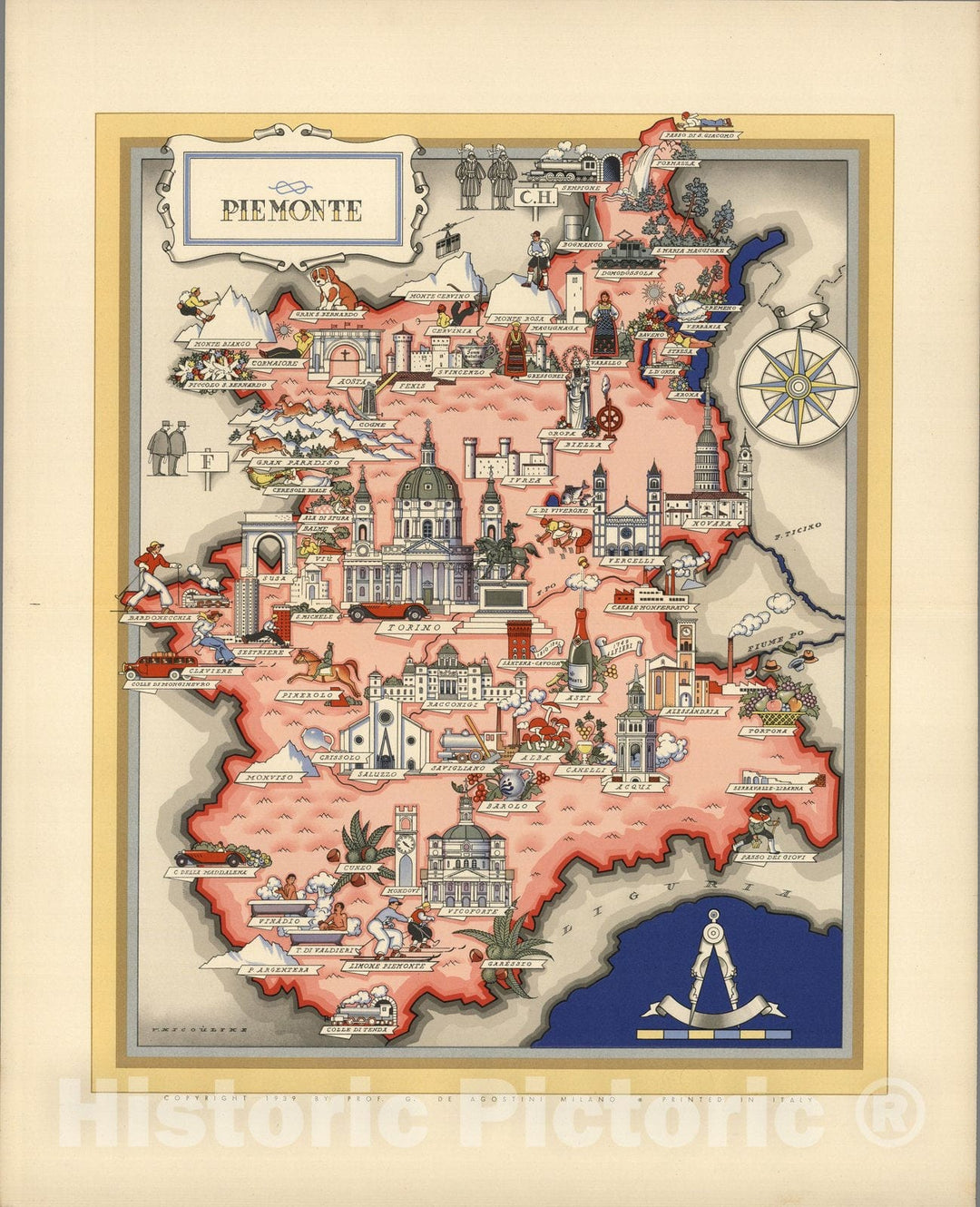 Historic Map : Italy, Guide Book, Piemonte. 1939 , Vintage Wall Art