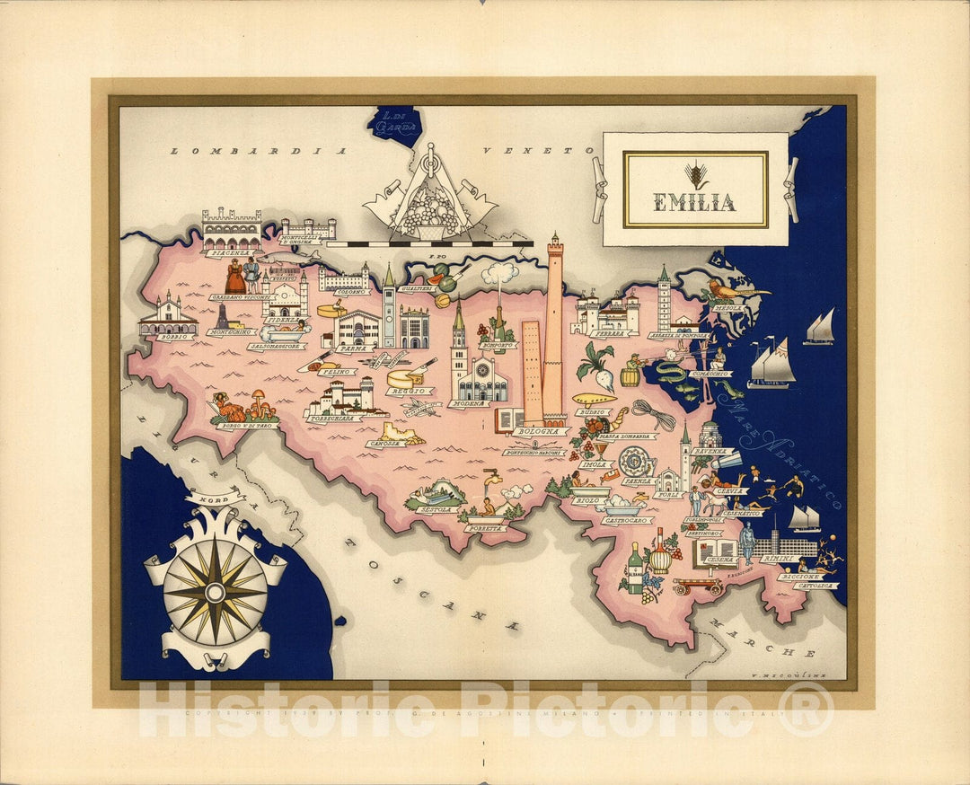 Historic Map : Italy, Guide Book, Emilia. 1939 , Vintage Wall Art