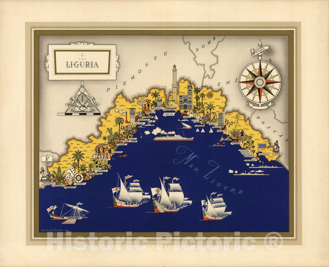 Historic Map : Italy, Guide Book, Liguria. 1939 , Vintage Wall Art