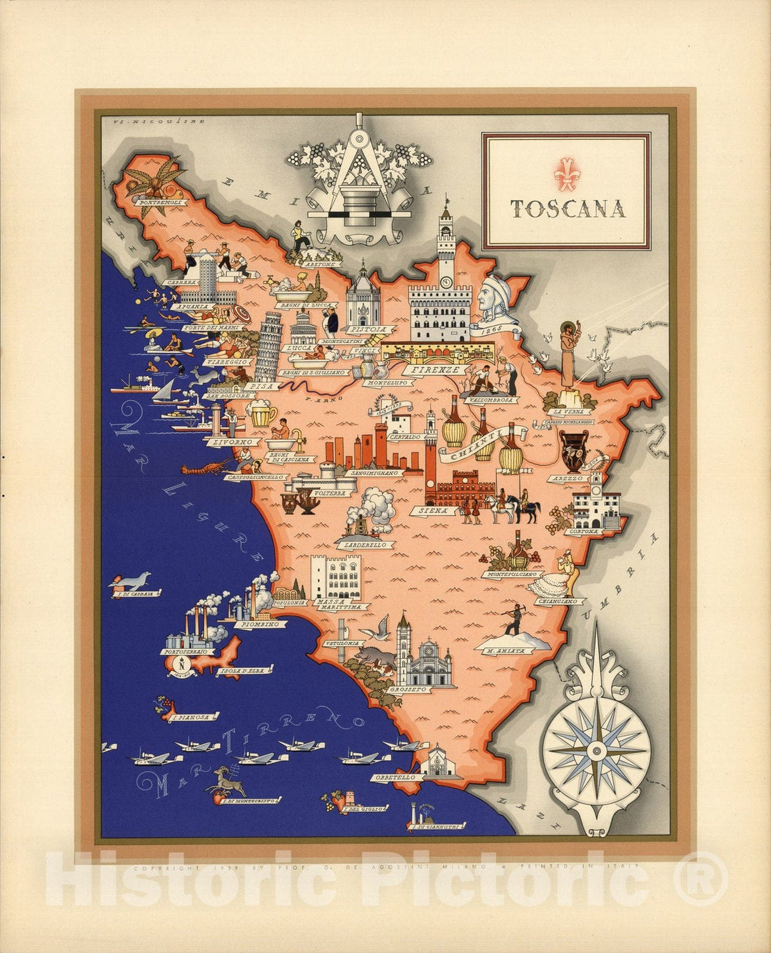 Historic Map : Italy, Guide Book, Toscana. 1939 , Vintage Wall Art