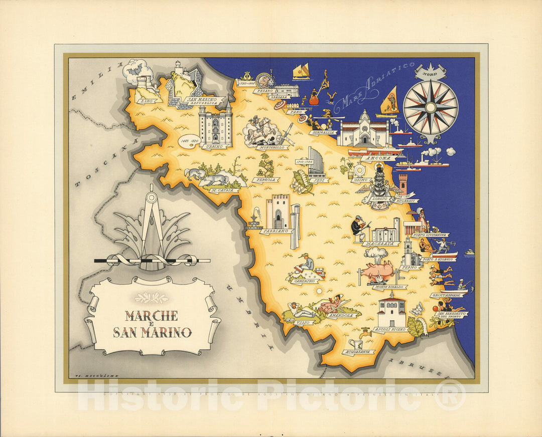 Historic Map : Italy, Guide Book, Marche e San Marino. 1939 , Vintage Wall Art