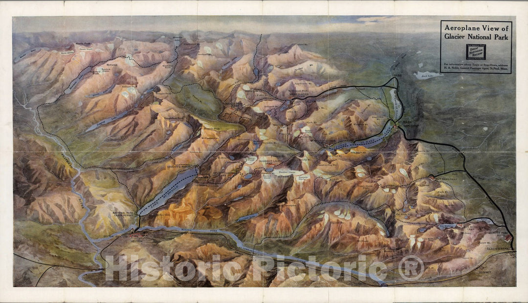 Historic Map - Aeroplane View of Glacier National Park.See America First, Great Northern Railway, National Park Route. - Vintage Wall Art