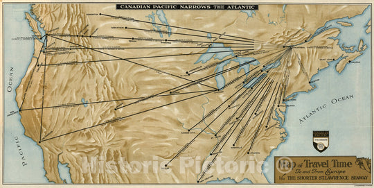 Historic Map : Map of Travel Time To and From Europe Via the Shorter St. Lawrence Seaway, 1938 - Vintage Wall Art