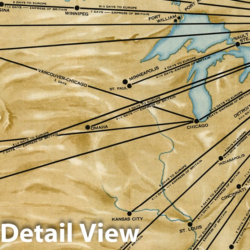 Historic Map : Map of Travel Time To and From Europe Via the Shorter St. Lawrence Seaway, 1938 - Vintage Wall Art