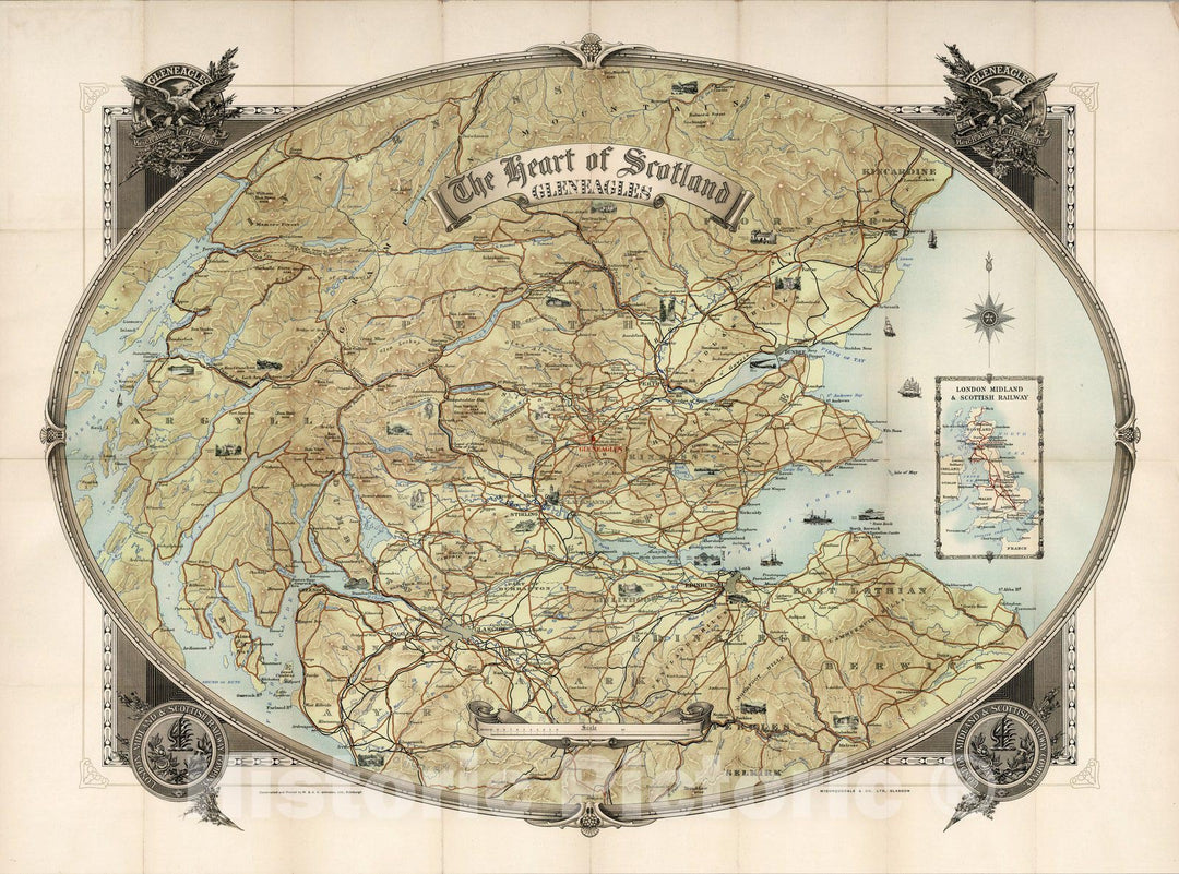 Historic Map - The Heart of Scotland. Gleneagles. 1930, - Vintage Wall Art