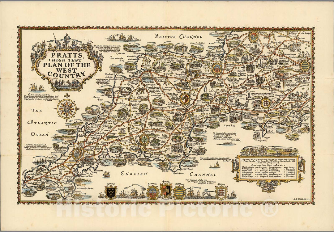 Historic Map : Pratt's High Test Plan of the West Country. Places of Interest to the Motor Tourist. 1932 - Vintage Wall Art