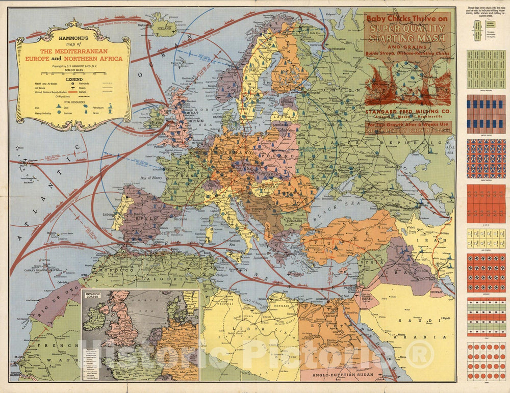 Historic Map - Hammond's Map of The Mediterranean, Europe and Northern Africa, 1943, - Vintage Wall Art