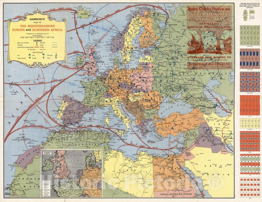 Historic Map - Hammond's Map of The Mediterranean, Europe and Northern Africa, 1943, - Vintage Wall Art