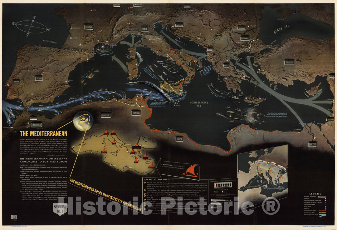 Historic Wall Map : NavWarMap No. 1. The Mediterranean, 1944 - Vintage Wall Art