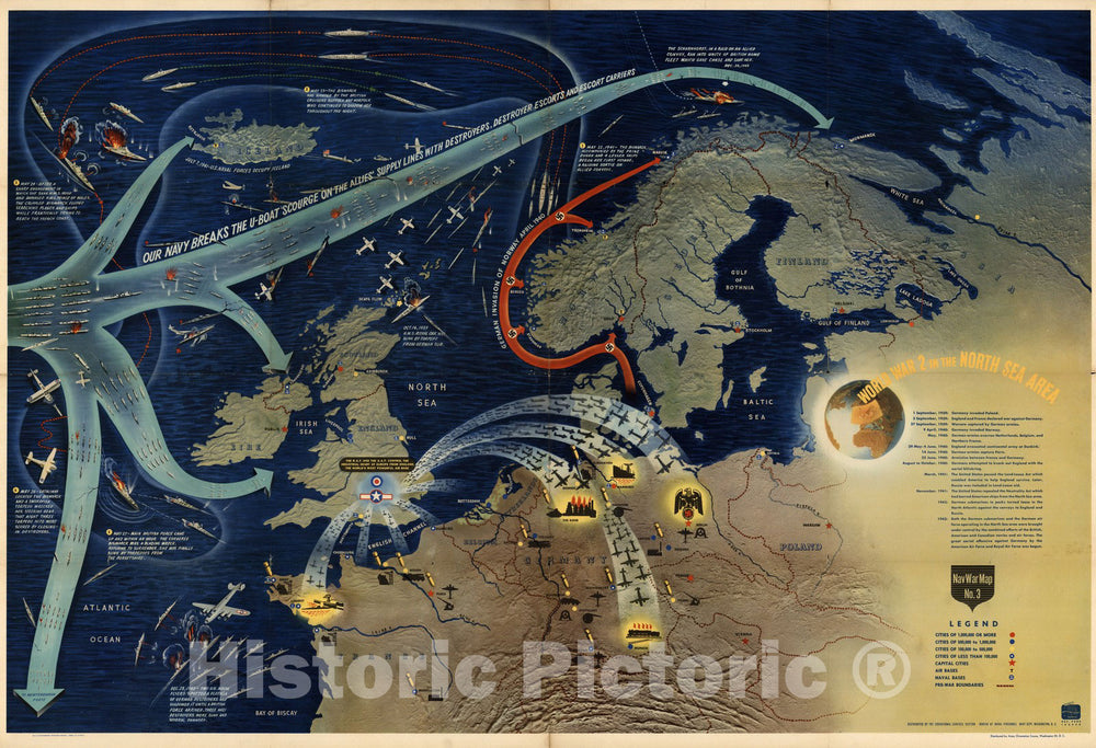 Historic Map - NavWarMap No.3. World War 2 in the North Sea area, 1944 - Vintage Wall Art