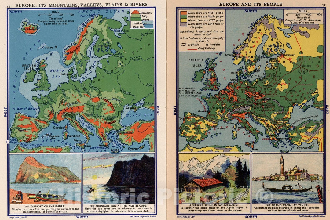 Historic Map : Geography Book, Europe: Its Mountains, Valleys, Plains & Rivers. Europe and Its People. 1935 - Vintage Wall Art