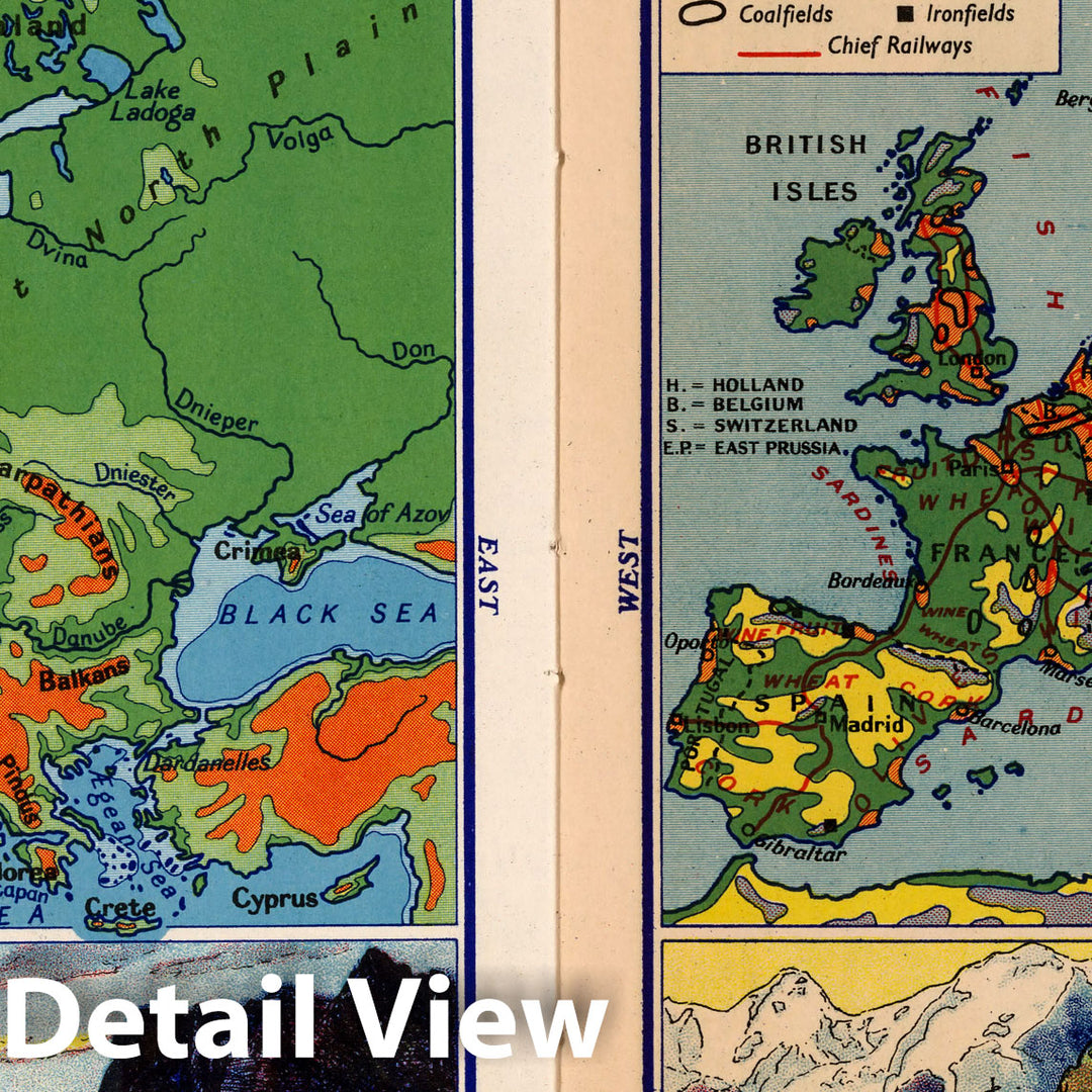 Historic Map : Geography Book, Europe: Its Mountains, Valleys, Plains & Rivers. Europe and Its People. 1935 - Vintage Wall Art