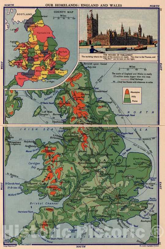 Historic Map : Geography Book, Our Homelands: England and Wales. 1935 - Vintage Wall Art