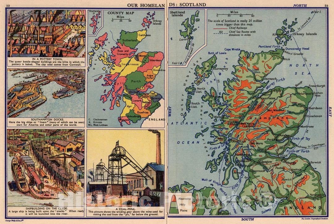 Historic Map : Geography Book, Our Homelands: Scotland. 1935 - Vintage Wall Art