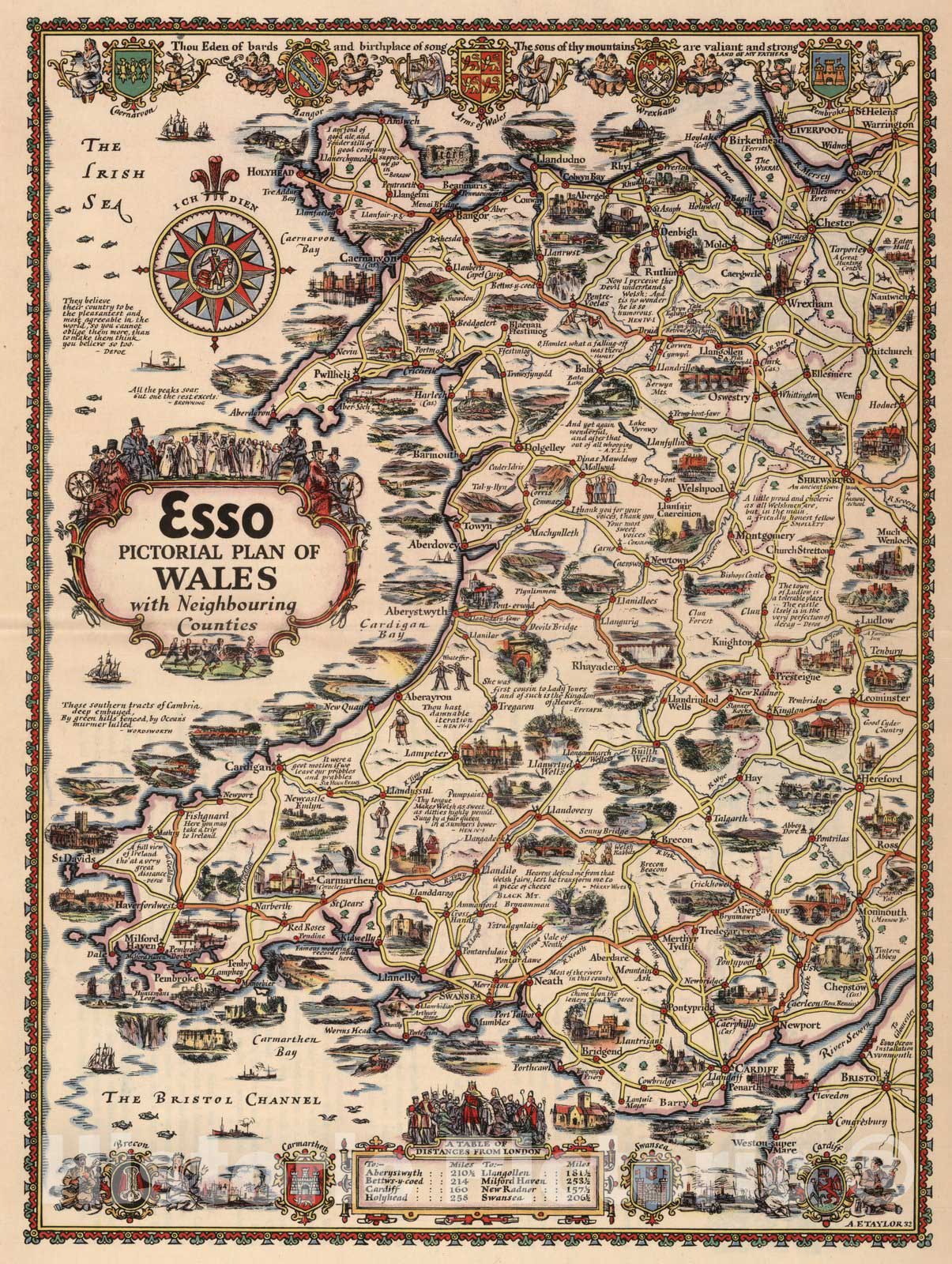 Historic Map : Esso Pictorial Plan of Wales with Neighbouring Counties. 1932 - Vintage Wall Art