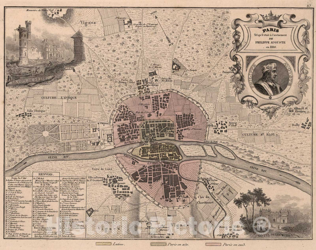 Historic Map : Paris in 1180. 1869 - Vintage Wall Art