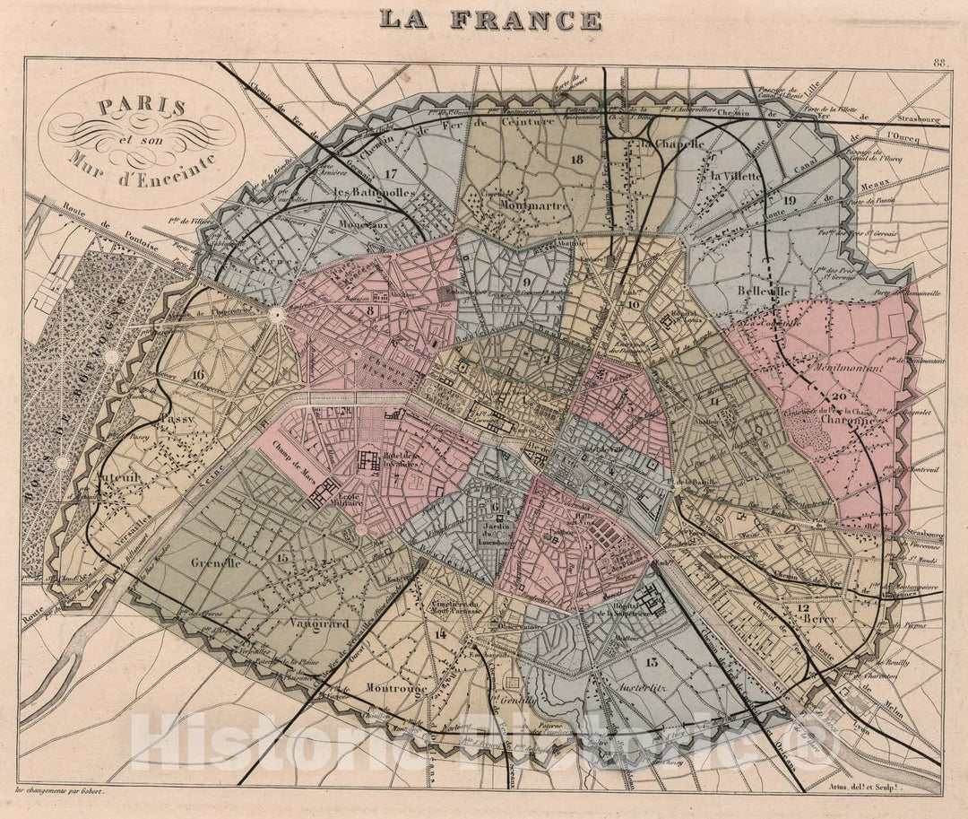 Historic Map : Paris , France, Paris et son Mur d'Enceinte. 1869 , Vintage Wall Art