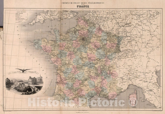 Historic Map : France, Chemins de Fer et Lignes Telegraphiques de la France. 1869 , Vintage Wall Art