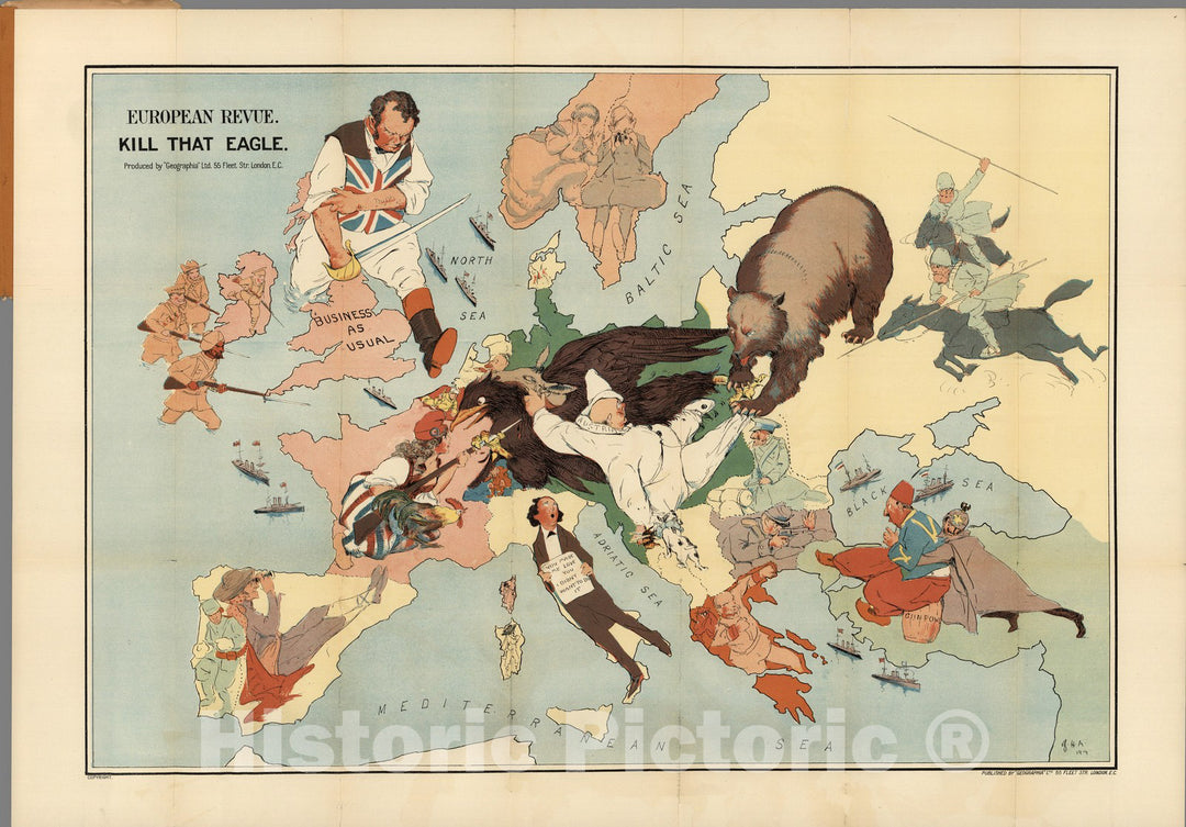 Historic Map : Cartoon Map of the European War Area Entitled European Revue. Kill That Eagle. Drawn by Artist J.H. Amschewitz. 1914 - Vintage Wall Art