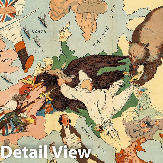 Historic Map : Cartoon Map of the European War Area Entitled European Revue. Kill That Eagle. Drawn by Artist J.H. Amschewitz. 1914 - Vintage Wall Art