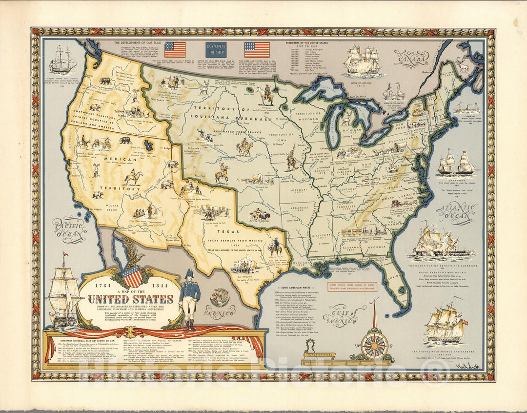 Historic Map : Map of the United States Showing Boundaries, 1784-1844. - Vintage Wall Art