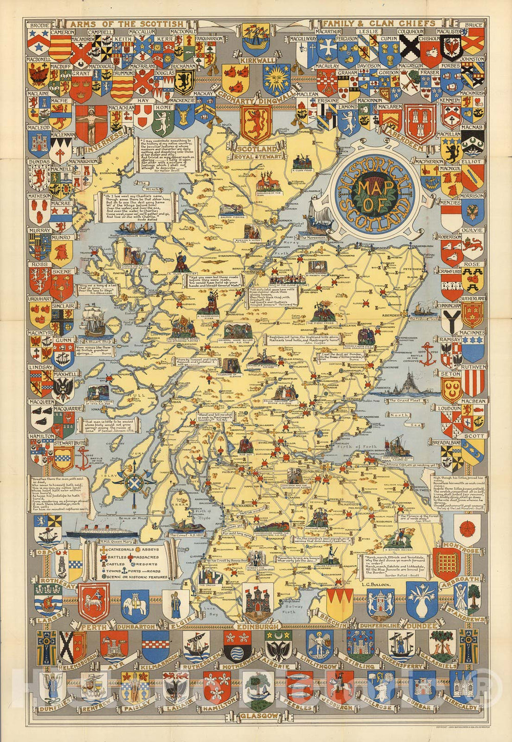 Historical Map of Scotland. By L.G. Bullock. John Bartholomew & Son Ltd. Edinburgh, 1950 - Vintage Wall Art