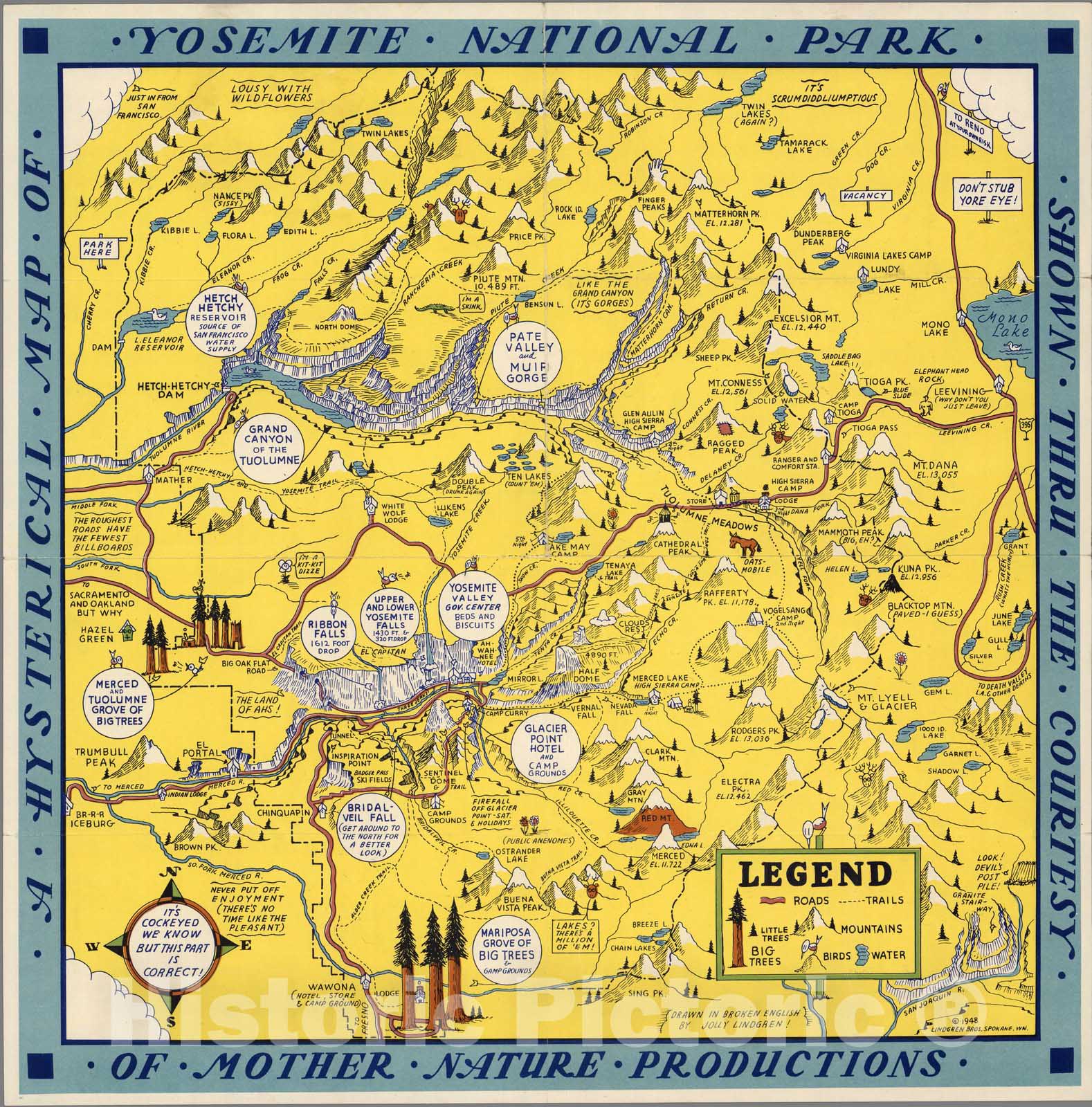 Historic Map : A Hysterical Map of Yosemite National Park Shown thru the Courtesy of Mother Nature Production, 1948 - Vintage Wall Art