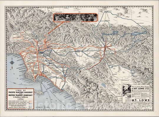 Historic Map : Lines of Pacific Electric Railway and Motor Transit Company in Southern California (with View of Mt. Lowe Tavern), 1935, Vintage Wall Art