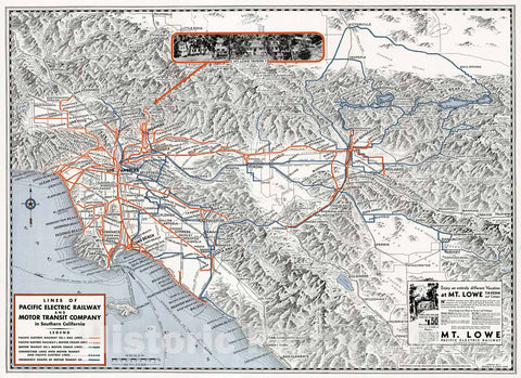 Historic Map : Lines of Pacific Electric Railway and Motor Transit Company in Southern California (with View of Mt. Lowe Tavern), 1935, Vintage Wall Art