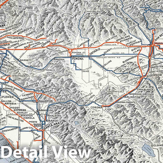 Historic Map : Lines of Pacific Electric Railway and Motor Transit Company in Southern California (with View of Mt. Lowe Tavern), 1935, Vintage Wall Art