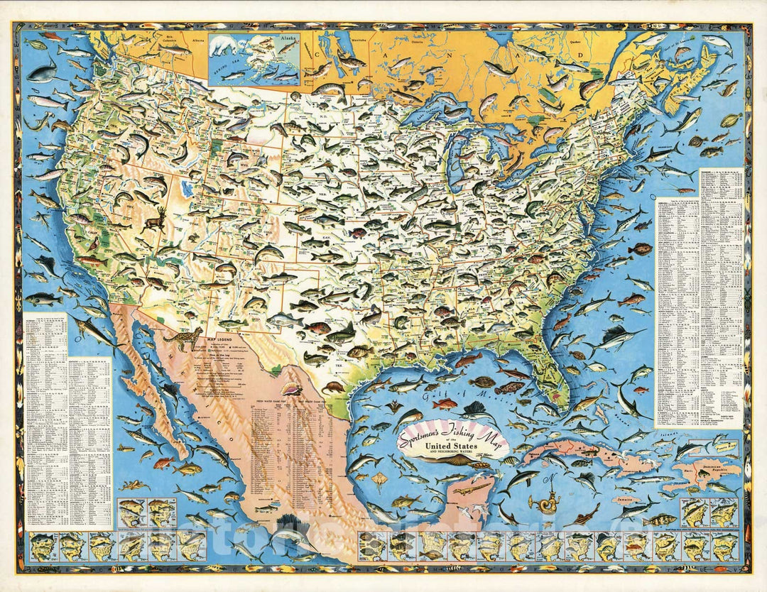 Historic Map : Sportsmen's Fishing Map of the United States and Neighboring Waters, 1957 - Vintage Wall Art