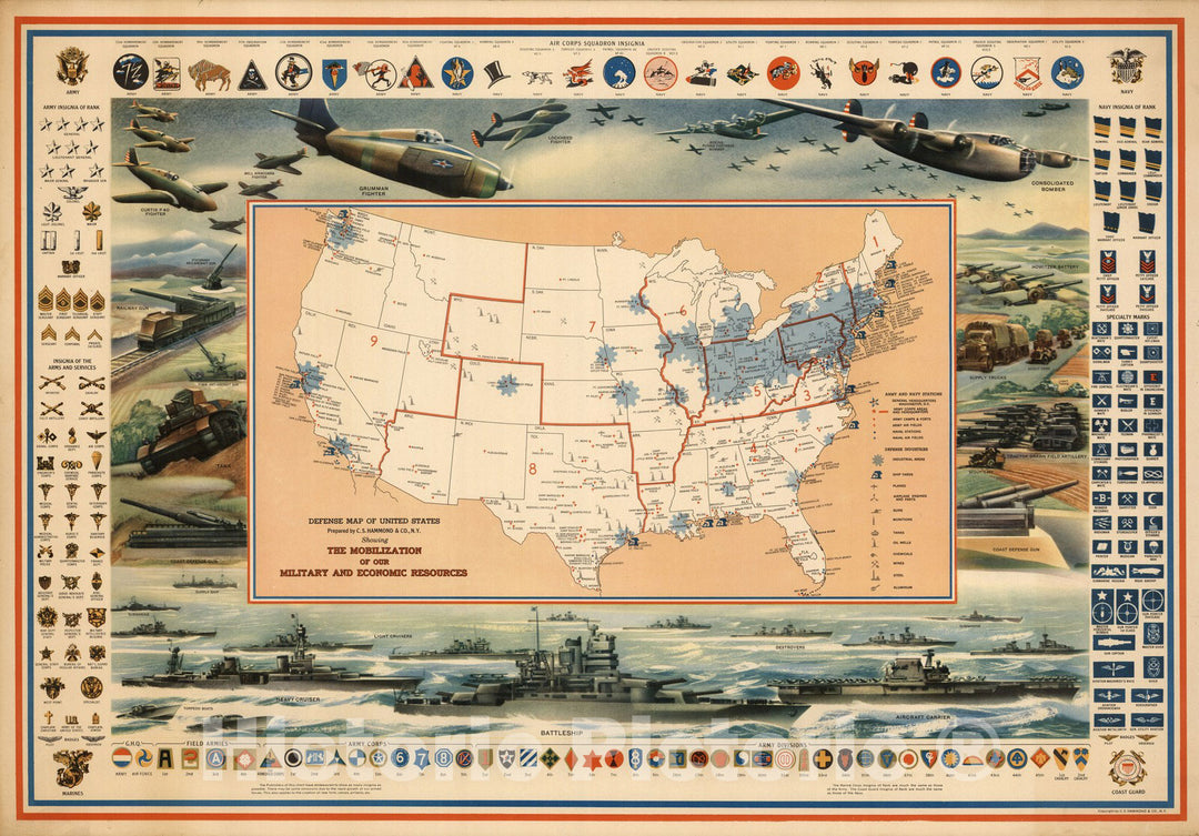 Historic Map : Defense Map of United States. Mobilization of our Military and Economic Resources, 1942 - Vintage Wall Art