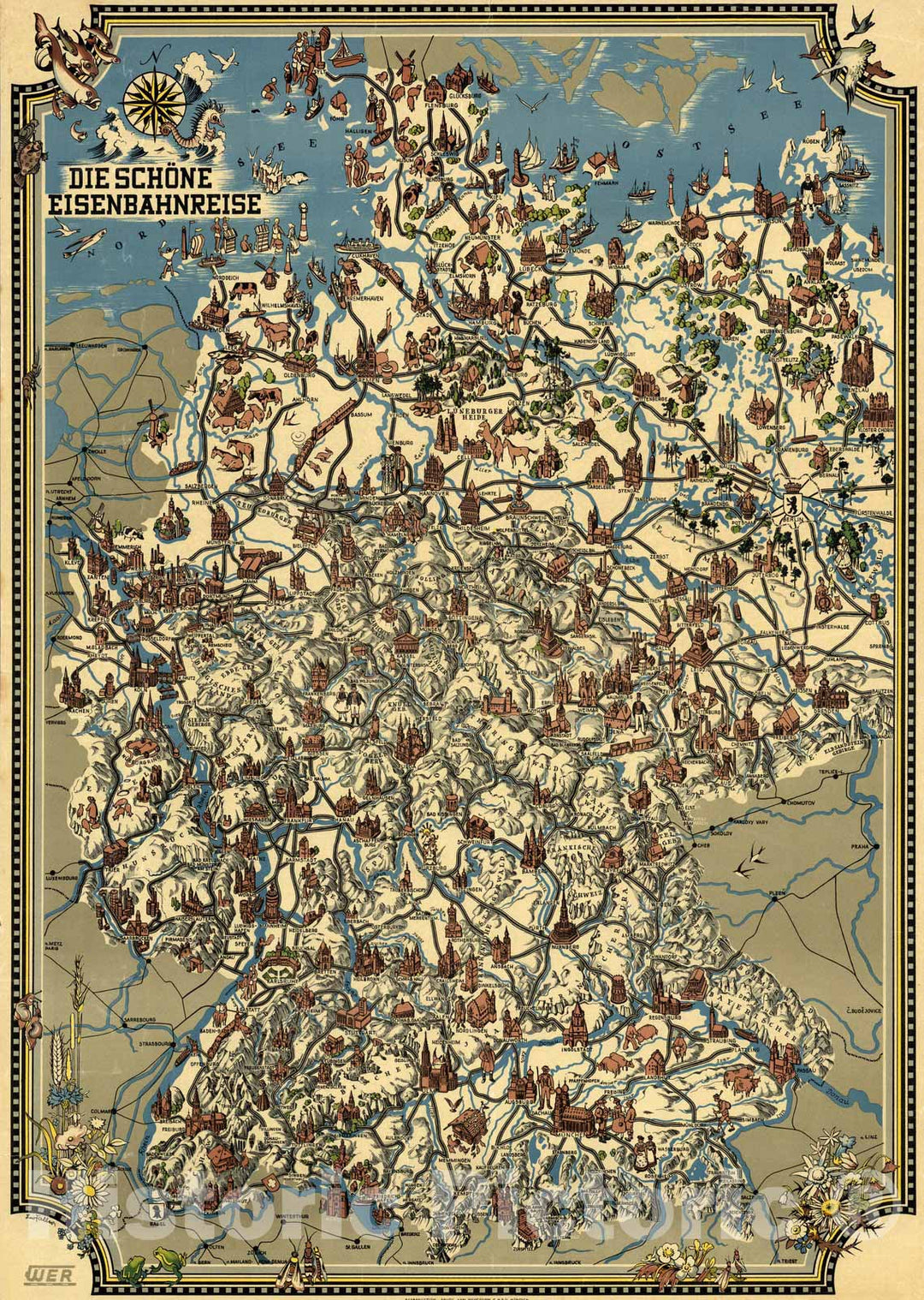 Historic Map : The Schoene railway travel. 1928 - Vintage Wall Art