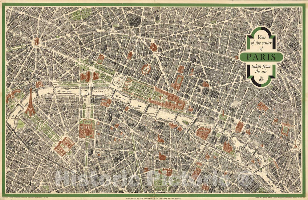 Historic Map : View of the Center of Paris, Taken from the Air. 1959 - Vintage Wall Art