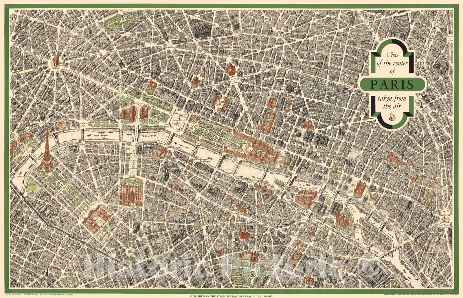 Historic Map : View of the Center of Paris, Taken from the Air. 1959 - Vintage Wall Art