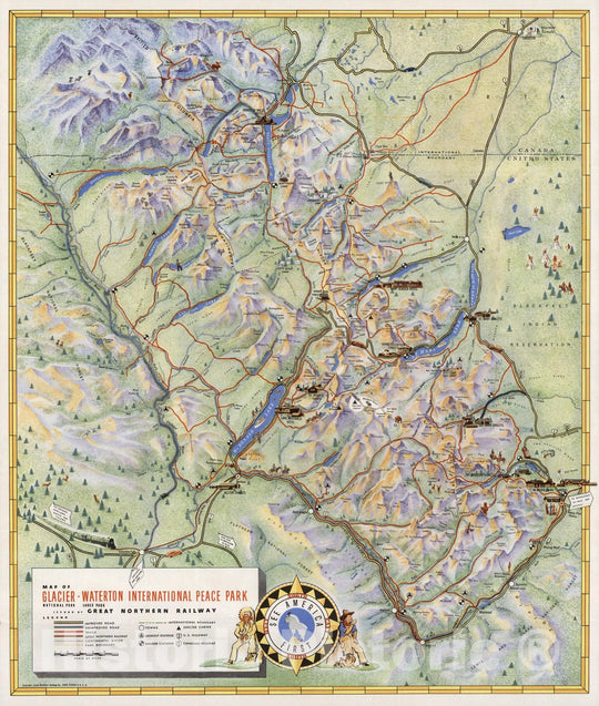 Historic Map - Map of Glacier National Park - Waterton Lakes National Park International Peace Park, 1939 - Vintage Wall Art