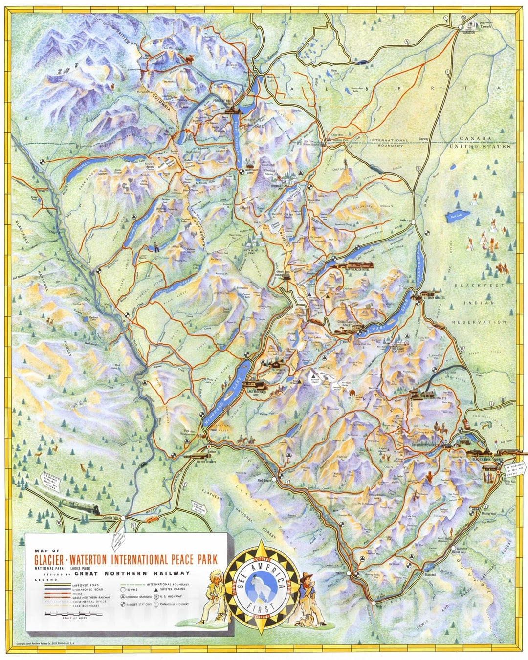 Historic Map - Map of Glacier National Park - Waterton Lakes Park International Peace National Park, 1939, Great Northern Railway Co. - Vintage Wall Art