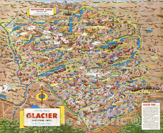 Historic Map : A Pic-Tour Map of Glacier National Park In the Montana Rockies, 1953 - Vintage Wall Art