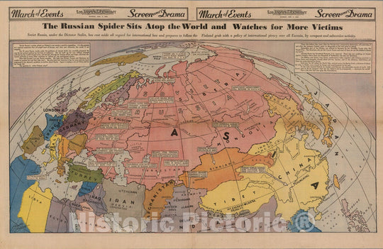 Historic Map - The Russian Spider Sits Atop the World and Watches for More Victims, 1940, Howard Burke - Vintage Wall Art