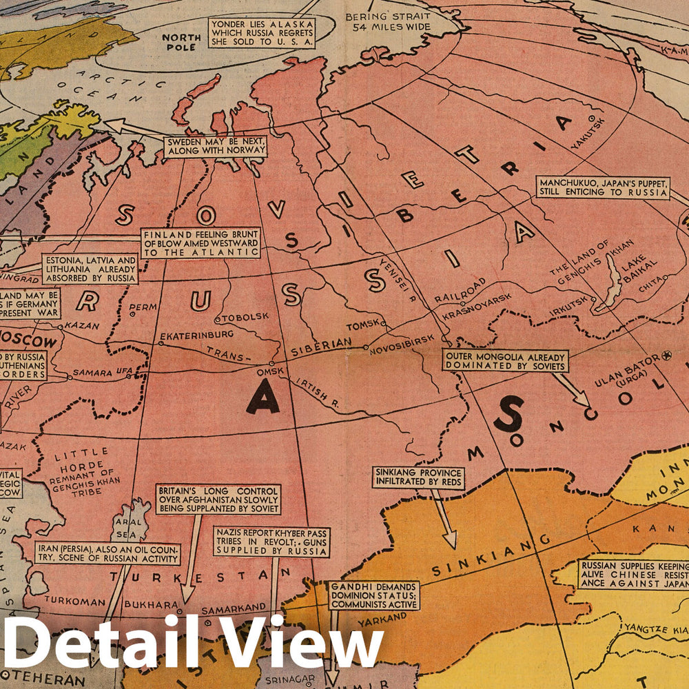 Historic Map - The Russian Spider Sits Atop the World and Watches for More Victims, 1940, Howard Burke - Vintage Wall Art