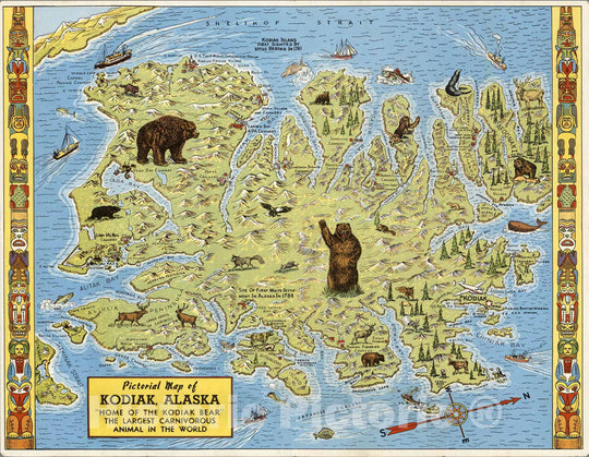 Historic Map - Pictorial Map of Kodiak, Alaska.Home of the Kodiak Bear, The Largest Carnivorous Animal in the World, 1948 - Vintage Wall Art